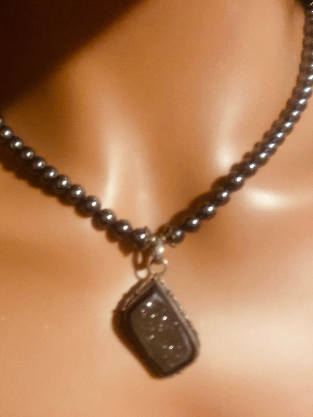 Sterling Hematite Bead Necklace with Black Druzy Pendant - Unbranded